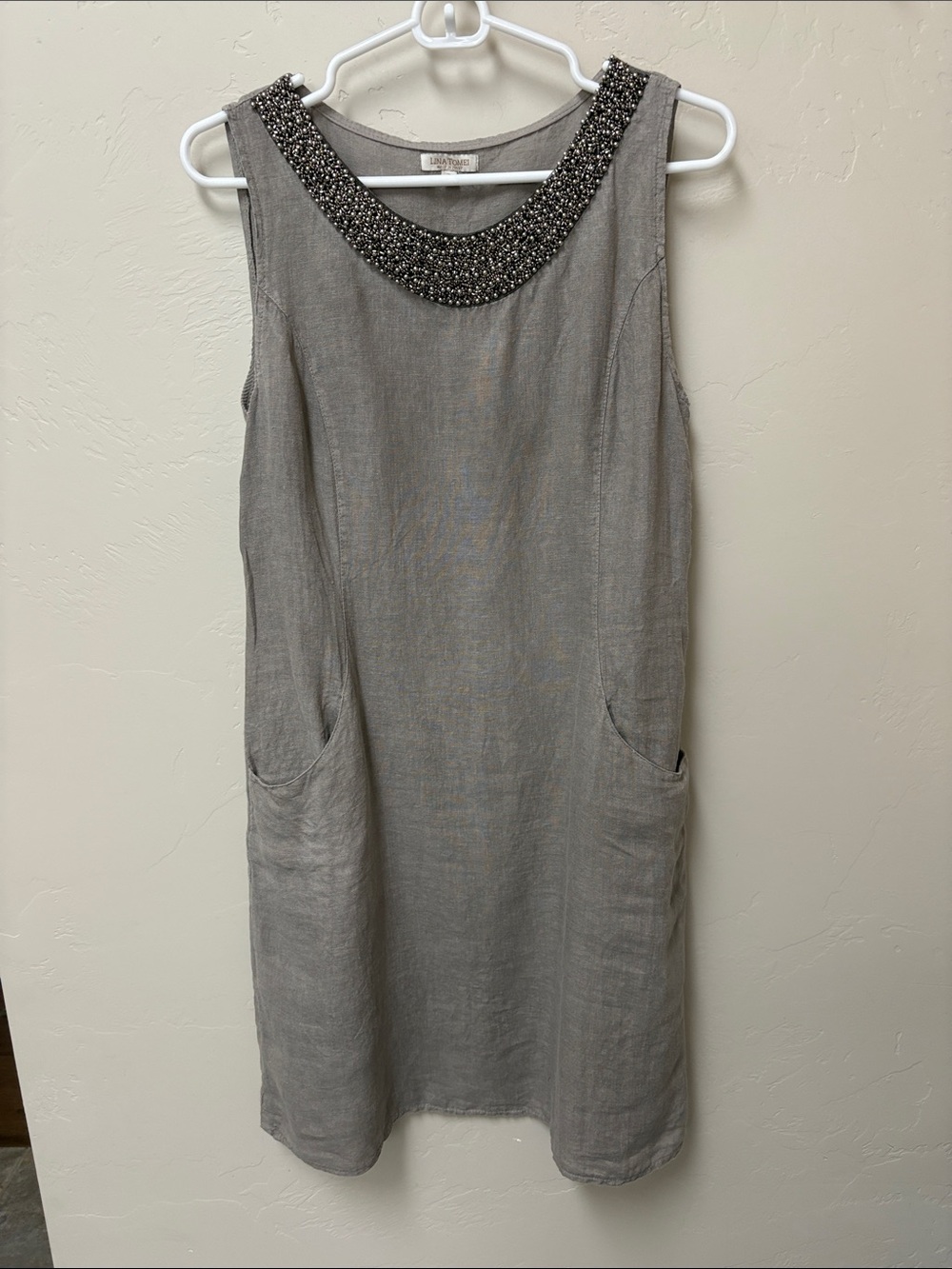 Lina Tomei taupe linen shift dress.  Small